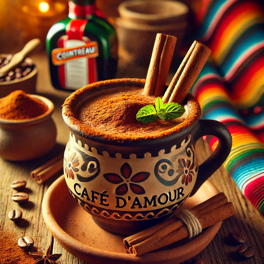 Een Mexicaans geïnspireerde presentatie van Café d'Amour, geserveerd in een rustieke aardewerken mok op een houten tafel. De rijke, stomende koffie is op smaak gebracht met cacaopoeder, kaneel en een scheutje Cointreau. Twee kaneelpijpjes steken stijlvol uit de mok als roerstaafjes. De koffie is afgewerkt met een vleugje cacaopoeder en een blaadje verse munt. De setting wordt omlijst door kleurrijke Mexicaanse textielpatronen, verspreide koffiebonen en warm sfeervol licht, wat zorgt voor een uitnodigende sfeer. ☕✨🌿