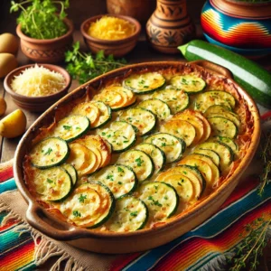 Een kleurrijke, Mexicaans geïnspireerde presentatie van 'Aardappel Courgettegratin'. De ovenschotel toont knapperige, goudbruine aardappelschijfjes afgewisseld met frisse, groene courgetteplakjes, rijkelijk bedekt met gesmolten kaas en gegarneerd met verse kruiden zoals tijm of peterselie. De schaal staat op een rustieke houten tafel, omgeven door rauwe courgetteplakjes, geraspte kaas en kruiden, tegen een warme, uitnodigende achtergrond met Mexicaanse decoratieve accenten. 🌟🍲