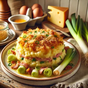 Een gezellige, warme keuken met een gerecht van aardappelpuree gemengd met knapperige spekjes, prei en gesmolten kaas. Het gerecht is rustiek gepresenteerd met een goudbruine korst van geraspte kaas en paneermeel. De keuken straalt een huiselijke sfeer uit met lichte houten accenten, verse prei en een blok kaas op het aanrecht. Op tafel liggen garneringen zoals gekookte eieren en schijfjes komkommer, wat zorgt voor een troostrijke maaltijdsfeer.