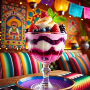 Een feestelijke Mexicaans geïnspireerde presentatie van Coupe d'amour, geserveerd in een elegant glas. Het dessert heeft een romige mix van bosvruchten, vanille-ijs en yoghurt, gegarneerd met verse bessen, munt en een vleugje kaneel. De achtergrond is levendig met kleurrijke Mexicaanse patronen in warme tinten zoals geel, rood en turquoise, wat een vrolijke en zomerse sfeer creëert. 🌺🍓🎉