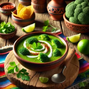 en Mexicaans geïnspireerde presentatie van broccolisoep, geserveerd in een rustieke aardewerken kom op een houten tafel. De soep heeft een levendige groene kleur en is romig van textuur. De garnering bestaat uit een swirl van room, versgehakte bieslook en een vleugje verkruimelde chilipepers. De kom wordt vergezeld door partjes limoen, verse koriander en een schaaltje tortillachips. De setting bevat kleurrijke Mexicaanse textielpatronen, een houten tafel en warm sfeervol licht, wat zorgt voor een uitnodigende en feestelijke eetervaring. 🌿🥣✨