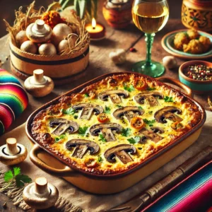 Een luxueuze en romige champignongratin met een goudbruine bovenkant, geserveerd in een rustieke ovenschaal. Het gerecht staat op een Mexicaans-geïnspireerde tafel met kleurrijke textielen en decoratieve elementen. Op de achtergrond zijn verse gemengde paddenstoelen en een glas witte wijn te zien, wat zorgt voor een gezellige en feestelijke eetervaring, ideaal voor herfst- en wintermaaltijden.