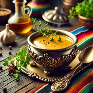 Een kleine elegante steelpan met een rijke mosterd-cognacsaus, gegarneerd met verse kruiden zoals tijm, geserveerd naast een decoratieve lepel. De saus heeft een romige gouden tint en damp stijgt licht op. De setting is rustiek met een Mexicaans-geïnspireerde decoratie, inclusief kleurrijke textielen en verspreide verse kruiden, wat zorgt voor een warme en uitnodigende sfeer.