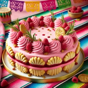 Roze Koekentaart, bestaande uit twee roze lagen met frambozenjam ertussen, gedecoreerd met botercrème, verse frambozen, takjes rozemarijn en gouden chocoladedecoraties, gepresenteerd in een vrolijke Mexicaanse setting met kleurrijke tafelkleden en feestelijke accenten. 🎉🎂