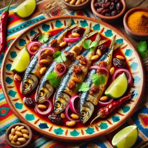 Een kleurrijke Mexicaanse presentatie van Sardines in een gezoete vinaigrette van rode ui. De sardines zijn krokant gebakken, gegarneerd met geroosterde pijnboompitten, glanzende rozijnen en een zoetzure vinaigrette van rode wijnazijn en ui. Geserveerd op een rustieke aardewerken schaal, omgeven door frisse limoenschijfjes en Mexicaanse kruidenaccenten. Een levendig en smaakvol gerecht met een mediterrane flair. 🌶️🐟🍋