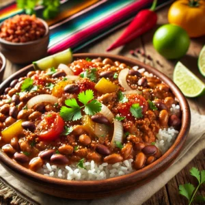 Een Mexicaans geïnspireerde presentatie van bruine bonen met rijst, geserveerd in een rustieke aardewerken kom op een houten tafel. De luchtige witte rijst is bedekt met een rijke saus van bruine bonen, gehakt, tomaten, uien en kleurrijke paprika's. Het gerecht is gegarneerd met verse koriander, limoenpartjes en een lepel piccalilly. De setting bevat kleurrijke Mexicaanse textielpatronen, een houten ondergrond en warm sfeervol licht, wat zorgt voor een uitnodigende eetervaring. 🌶️🍚✨