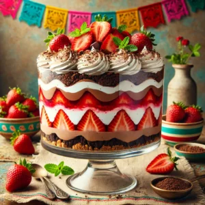 Trifle met Aardbeien en Chocolade, gepresenteerd in een glazen schaal met lagen chocoladecake, romige aardbeienkwark, aardbeienvulling, slagroom, en een kruimelbodem. Gegarneerd met verse aardbeien, muntblaadjes en chocoladekruimels, in een vrolijke Mexicaanse setting met kleurrijke decoraties en een feestelijke sfeer. 🍓🍫🎉