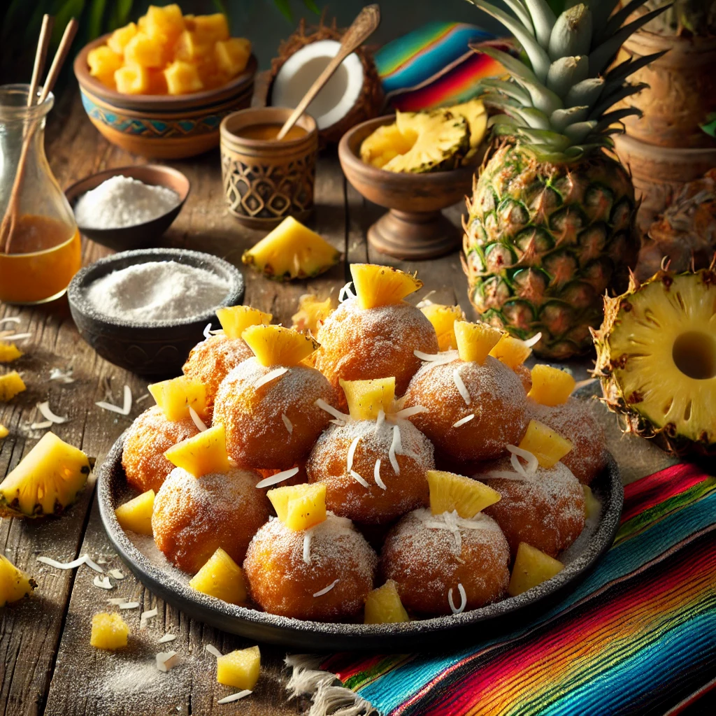 Een feestelijke presentatie van tropische oliebollen met kokos en ananas, goudbruin gebakken en licht bestrooid met poedersuiker. De oliebollen bevatten zichtbare stukjes ananas en kokosvlokken. De setting straalt een Mexicaanse sfeer uit met kleurrijke textielpatronen, verse ananasschijfjes, kokosvlokken en warme sfeerverlichting. 🍍🥥✨