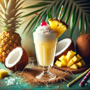 Piña Colada-cocktail geserveerd in een hoog glas, met witte rum, schraapijs, ananassap en kokoscrème, gegarneerd met een verse ananaspart en een kers, gepresenteerd in een tropische en zomerse sfeer