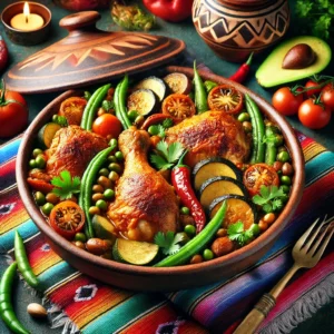 Een levendige Mexicaans gestileerde presentatie van Turkse kip uit de romertopf. De kip is goudbruin gebakken, omringd door kleurrijke groenten zoals sperziebonen, courgette, aubergine en tomaten, geserveerd in een rustieke kleipot. De achtergrond toont traditionele Mexicaanse patronen en felle kleuren.