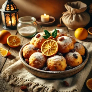 Een sfeervolle presentatie van vegan oliebollen, goudbruin gebakken en licht bestrooid met poedersuiker. De oliebollen zijn luchtig en aantrekkelijk gepresenteerd op een rustieke houten tafel, met subtiele garnituren van citrusrasp en rozijnen. De setting is aangekleed met warme sfeerverlichting, verspreide citruspartjes en decoratieve patronen. 🍊✨🍩