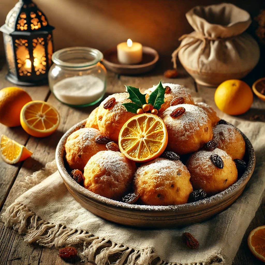 Een sfeervolle presentatie van vegan oliebollen, goudbruin gebakken en licht bestrooid met poedersuiker. De oliebollen zijn luchtig en aantrekkelijk gepresenteerd op een rustieke houten tafel, met subtiele garnituren van citrusrasp en rozijnen. De setting is aangekleed met warme sfeerverlichting, verspreide citruspartjes en decoratieve patronen. 🍊✨🍩