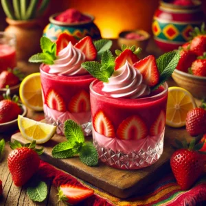 Een elegante presentatie van aardbeiensoep geserveerd in glazen, gevuld met romige aardbeienpuree, stukjes verse aardbeien, een toef slagroom en frisse citroenmelisseblaadjes. De glazen staan op een rustieke houten tafel, omringd door losse aardbeien en decoratieve citrusbladeren. De achtergrond straalt een warme Mexicaanse sfeer uit. 🍓✨