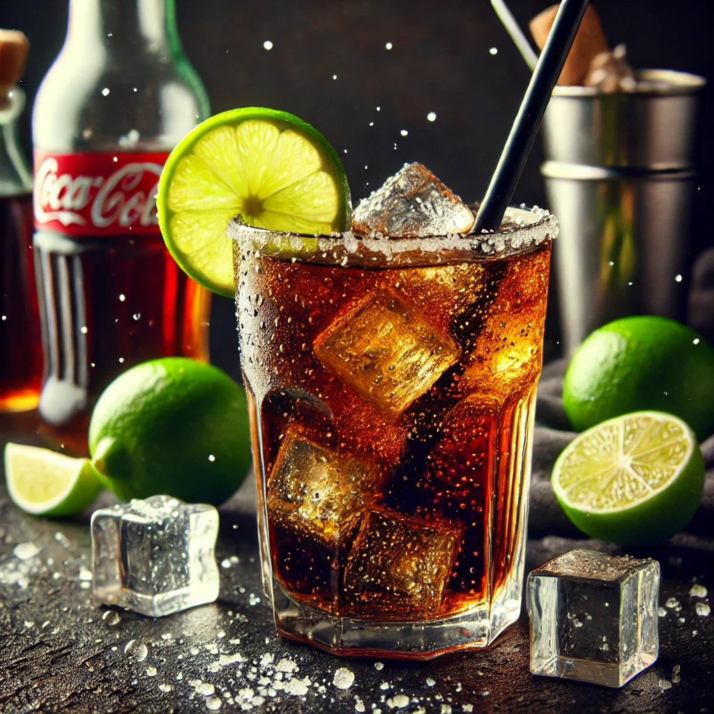 Cuba Libre-cocktail geserveerd in een hoog glas, gevuld met cola, witte rum, ijsblokjes en gegarneerd met een limoenpartje, gepresenteerd op een donker rustiek oppervlak met een Caribische sfeer.