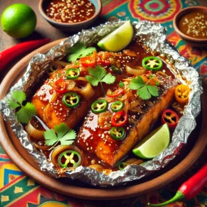Een kleurrijk gepresenteerd gerecht van vis met ketjap in aluminiumfolie, geserveerd in een levendige Mexicaanse stijl. De vis is sappig en omhuld met een rijke ketjapsaus, vergezeld door decoratieve groenten en kruiden voor een feestelijke uitstraling. 🌟🐟🌶️