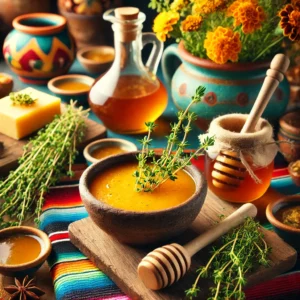 Een levendige en elegante presentatie van honing-tijmsaus, geserveerd in een kleine rustieke kom met een takje verse tijm als garnering. De scène is gestileerd in een Mexicaans-geïnspireerd thema met vrolijke tafeldecoraties, een klein kannetje wijn en verse ingrediënten zoals tijm, honing en boter die kunstig rond de kom zijn gerangschikt. De setting straalt warmte en feestelijkheid uit, perfect voor een smaakvolle culinaire ervaring.