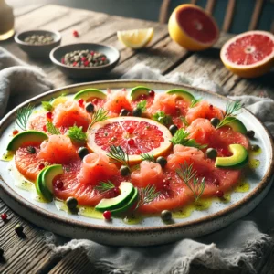 Frisse zalmcarpaccio met roze grapefruit, avocado, kappertjes en dille, elegant geserveerd op een wit bord op een rustieke houten tafel.
