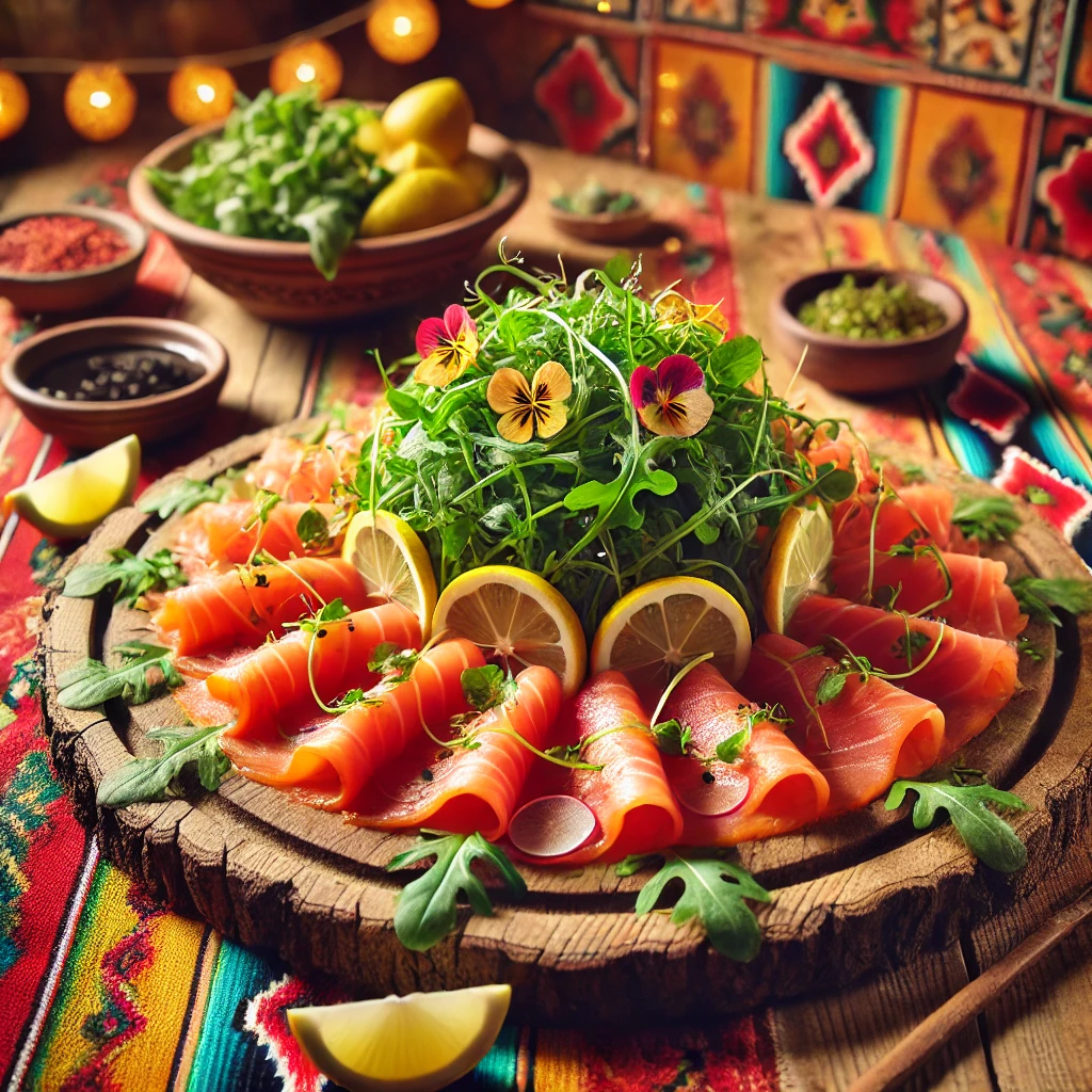 Een prachtig gepresenteerd gerecht van zelfgerookte zalm, gestileerd in een levendig Mexicaans thema. Dunne plakjes gerookte zalm zijn elegant gerangschikt op een rustieke houten plank, vergezeld van verse rucolablaadjes, citroenpartjes en een vleugje sojasaus. Het gerecht is afgewerkt met eetbare bloemen en verse kruiden, tegen een warme achtergrond met kleurrijke Mexicaanse decoratie.