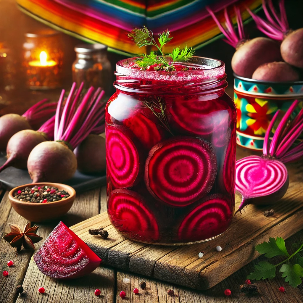 Een levendige, Mexicaans geïnspireerde presentatie van 'Zoetzure Rode Bietjes'. Een glazen pot gevuld met diep rode bietenschijfjes in een glanzende inmaakvloeistof, gegarneerd met verse kruiden zoals dille of peterselie. De pot staat op een rustieke houten ondergrond, omringd door losse bietenschijfjes, kruidnagels en een stukje mierikswortel. De achtergrond heeft warme, kleurrijke Mexicaanse decoratieve elementen die het geheel een uitnodigende uitstraling geven. Er is geen tekst zichtbaar op de pot of in de omgeving.