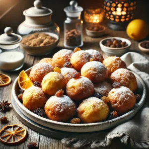 Een sfeervolle presentatie van glutenvrije oliebollen, goudbruin gebakken en licht bestrooid met poedersuiker. De oliebollen zijn luchtig en aantrekkelijk gerangschikt op een rustieke houten tafel, met subtiele garnituren van rozijnen en citrusrasp. De setting straalt warmte uit met sfeervolle verlichting en decoratieve patronen. 🍊✨🍩Een sfeervolle presentatie van glutenvrije oliebollen, goudbruin gebakken en licht bestrooid met poedersuiker. De oliebollen zijn luchtig en aantrekkelijk gerangschikt op een rustieke houten tafel, met subtiele garnituren van rozijnen en citrusrasp. De setting straalt warmte uit met sfeervolle verlichting en decoratieve patronen. 🍊✨🍩