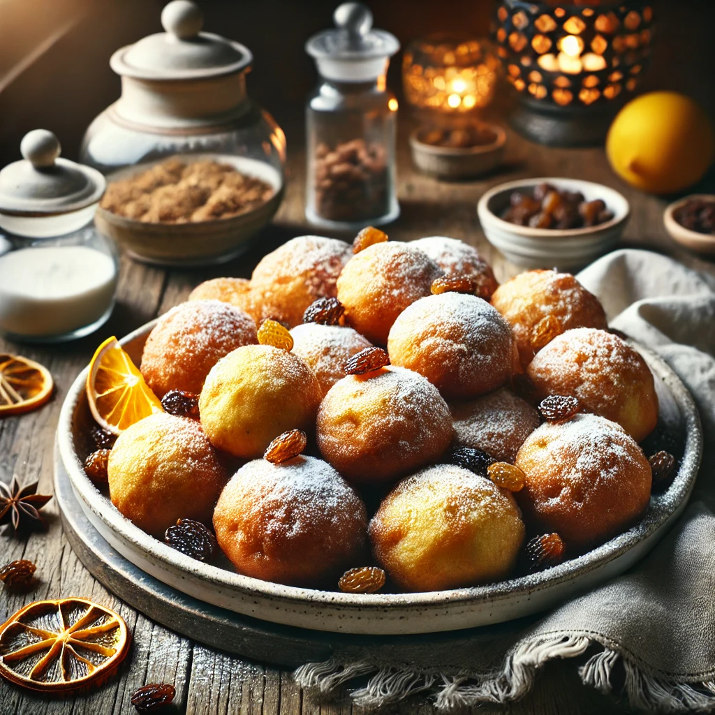 Een sfeervolle presentatie van glutenvrije oliebollen, goudbruin gebakken en licht bestrooid met poedersuiker. De oliebollen zijn luchtig en aantrekkelijk gerangschikt op een rustieke houten tafel, met subtiele garnituren van rozijnen en citrusrasp. De setting straalt warmte uit met sfeervolle verlichting en decoratieve patronen. 🍊✨🍩Een sfeervolle presentatie van glutenvrije oliebollen, goudbruin gebakken en licht bestrooid met poedersuiker. De oliebollen zijn luchtig en aantrekkelijk gerangschikt op een rustieke houten tafel, met subtiele garnituren van rozijnen en citrusrasp. De setting straalt warmte uit met sfeervolle verlichting en decoratieve patronen. 🍊✨🍩