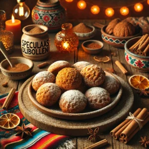 en sfeervolle presentatie van speculaas-oliebollen, goudbruin gebakken en bestrooid met poedersuiker. De oliebollen bevatten zichtbare speculaaskruiden en kruimels. Ze zijn omgeven door speculaasjes, kaneelstokjes en kleurrijke Mexicaanse textielpatronen, met warme sfeerverlichting die de gezellige uitstraling versterkt. 🍩✨🌺