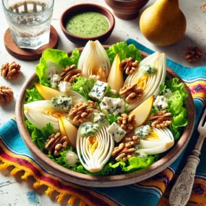 Een levendige en verse salade met andijvie, geserveerd in een rustieke kom. De salade bevat knapperige andijviebladeren, verkruimelde Roquefort-kaas, stukjes walnoot en plakjes peer, overgoten met een romige Roquefort-dressing. De setting bevat een kleurrijk Mexicaans tafelkleed, een klein schaaltje dressing, een vork en een glas bruisend water, verlicht door helder natuurlijk licht om de frisse en uitnodigende uitstraling te benadrukken.