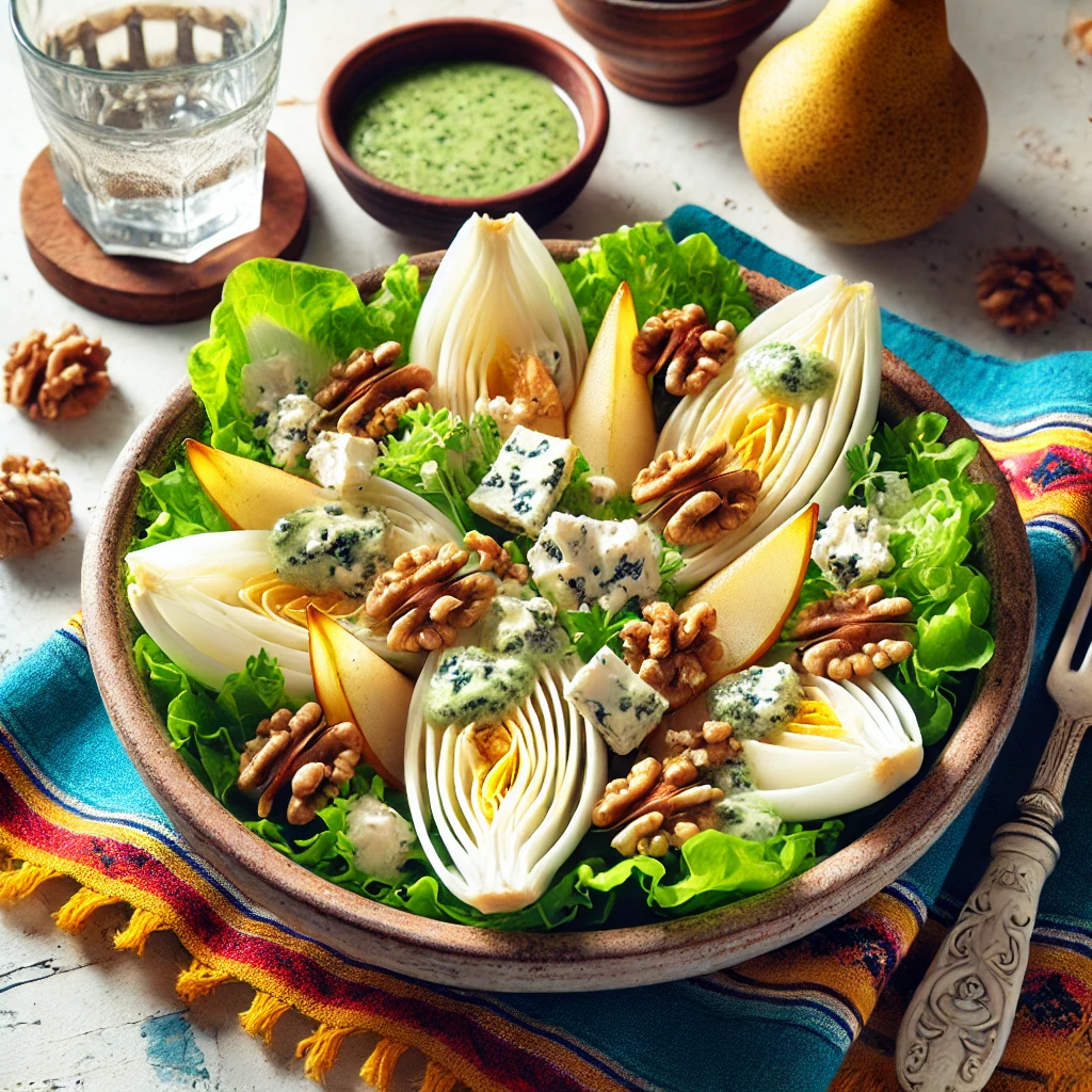 Een levendige en verse salade met andijvie, geserveerd in een rustieke kom. De salade bevat knapperige andijviebladeren, verkruimelde Roquefort-kaas, stukjes walnoot en plakjes peer, overgoten met een romige Roquefort-dressing. De setting bevat een kleurrijk Mexicaans tafelkleed, een klein schaaltje dressing, een vork en een glas bruisend water, verlicht door helder natuurlijk licht om de frisse en uitnodigende uitstraling te benadrukken.