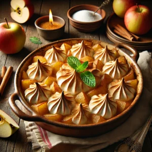 Schuimpjes van appelcompote in een keramische ovenschaal, met een laag luchtig, goudbruin eiwitschuim bovenop, gegarneerd met kaneel en een muntblaadje, geserveerd op een houten tafel met verse appels op de achtergrond.