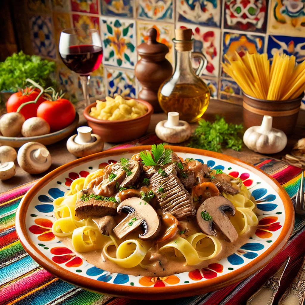 Biefstuk stroganoff, met malse steakreepjes in een romige saus met champignons en tomaten, geserveerd met al dente fettuccine op een kleurrijk bord, omringd door verse champignons, kruiden en een glas rode wijn.