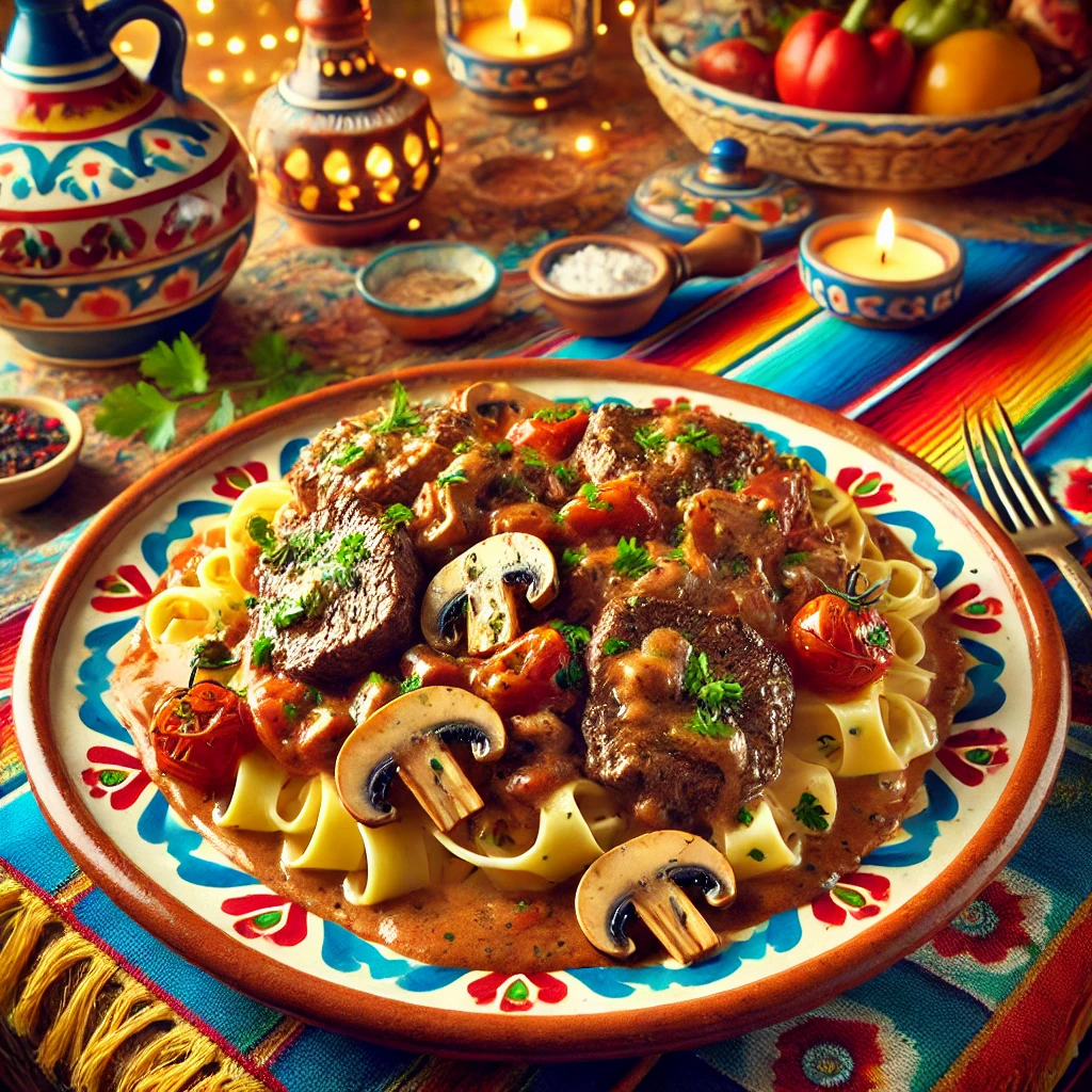 Biefstuk Stroganoff, geserveerd op een kleurrijke schaal met romige saus, champignons, uien en fettuccine, gegarneerd met verse kruiden.
