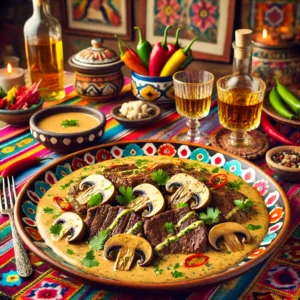 Biefstuk met champignons in whiskysaus, geserveerd op een kleurrijk Mexicaans keramisch bord, met een romige saus en plakjes champignons, omringd door verse kruiden, chilipepers en een glas whisky op een tafel met een traditioneel Mexicaans patroon tafelkleed, in een gezellige Mexicaanse keuken met kleurrijke tegels en warme natuurlijke verlichting.