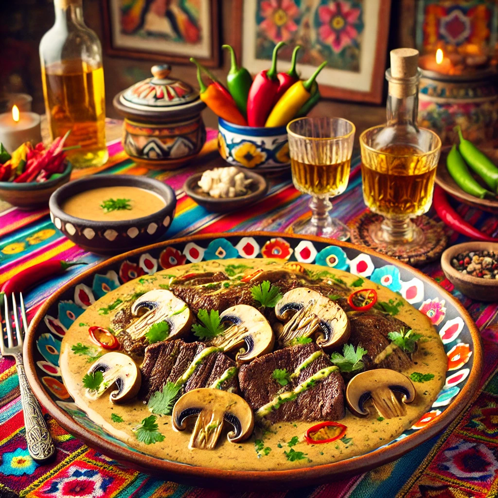 Biefstuk met champignons in whiskysaus, geserveerd op een kleurrijk Mexicaans keramisch bord, met een romige saus en plakjes champignons, omringd door verse kruiden, chilipepers en een glas whisky op een tafel met een traditioneel Mexicaans patroon tafelkleed, in een gezellige Mexicaanse keuken met kleurrijke tegels en warme natuurlijke verlichting.