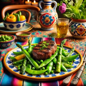 Biefstuk op een bedje van groene groenten, met peultjes, sperziebonen en asperges, geserveerd op een kleurrijke schaal en gegarneerd met een drizzle olijfolie en zwarte peper.