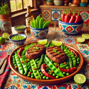 Biefstuk op een bedje van groenten, met perfect gebakken biefstukken geserveerd op een mix van geblancheerde en roergebakken peultjes, sperziebonen en groene asperges, gepresenteerd op een kleurrijk Mexicaans bord met frisse decoratie van limoen en chilipepers.