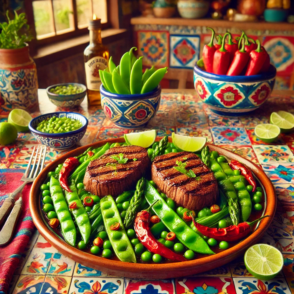 Biefstuk op een bedje van groenten, met perfect gebakken biefstukken geserveerd op een mix van geblancheerde en roergebakken peultjes, sperziebonen en groene asperges, gepresenteerd op een kleurrijk Mexicaans bord met frisse decoratie van limoen en chilipepers.