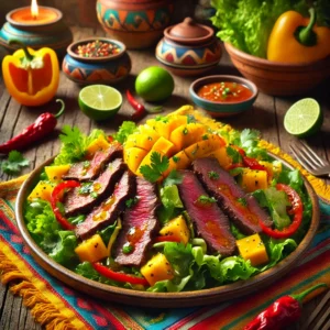 Biefstuksalade met sappige reepjes gegrilde biefstuk, frisse veldsla, rijpe blokjes mango en stukjes gele paprika. De salade is afgemaakt met een limoendressing en verse koriander voor een frisse, hartige smaakbeleving. Een kleurrijk en smaakvol gerecht.