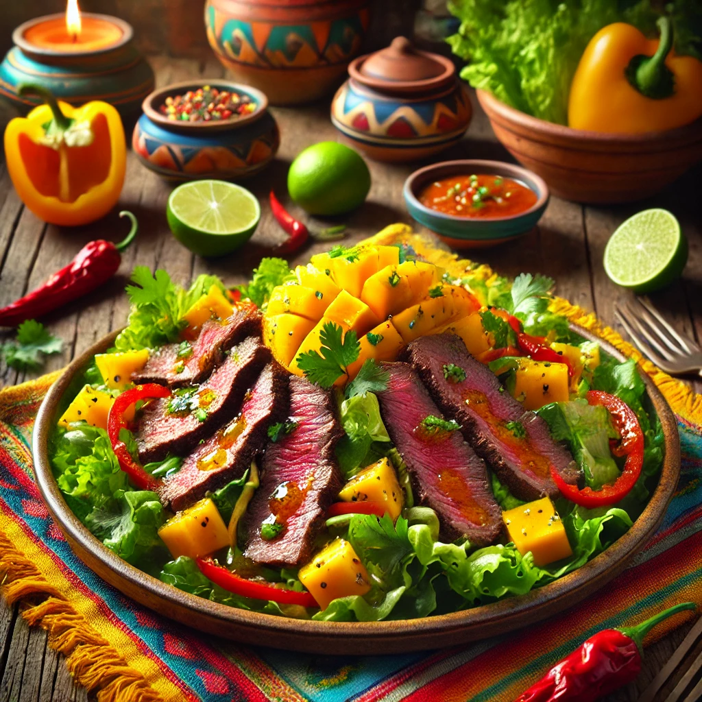 Biefstuksalade met sappige reepjes gegrilde biefstuk, frisse veldsla, rijpe blokjes mango en stukjes gele paprika. De salade is afgemaakt met een limoendressing en verse koriander voor een frisse, hartige smaakbeleving. Een kleurrijk en smaakvol gerecht.