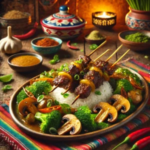 Biefstuksaté met gegrilde biefstukspiesjes, geserveerd op een bed van gestoomde witte rijst. Vergezeld van gewokte paddenstoelen, knapperige broccoliroosjes en een gember-sojasaus. Afgewerkt met ringetjes lente-ui en sesamzaadjes voor extra smaak en textuur. Een hartig en smaakvol gerecht.