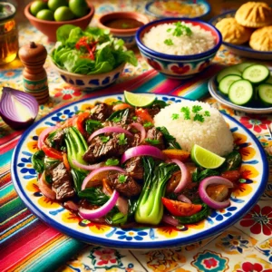 Biefstukschotel met stukjes biefstuk, roergebakken rode uien, paksoi en groenten, geserveerd met witte rijst, kroepoek, augurk en een frisse salade.