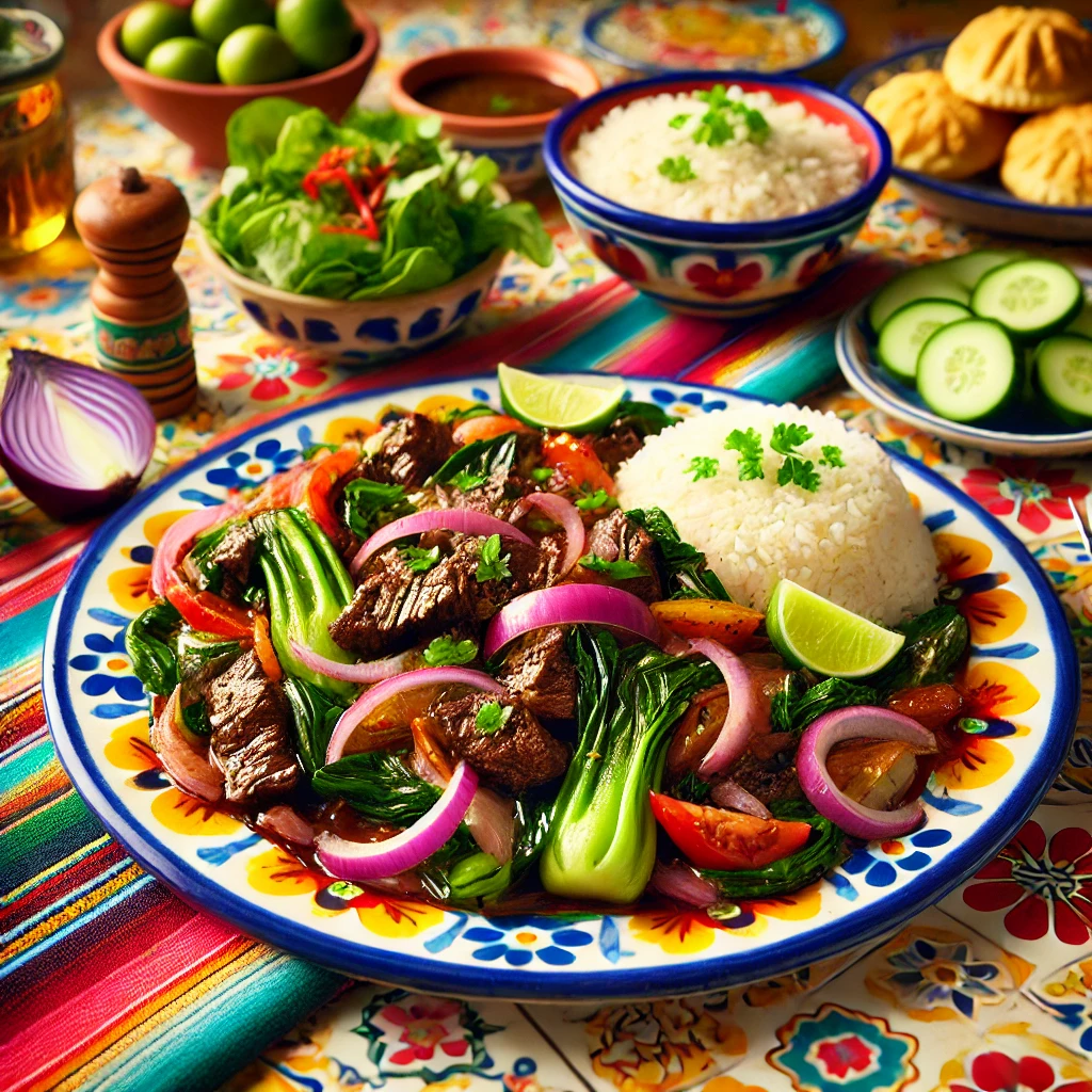 Biefstukschotel met stukjes biefstuk, roergebakken rode uien, paksoi en groenten, geserveerd met witte rijst, kroepoek, augurk en een frisse salade.