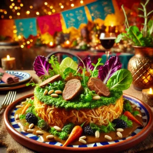 Een kleurrijke en feestelijke Mexicaanse presentatie van bierpastei van haas in groene kool, met pijnboompitten, verse salades en een rijke saus, op een houten tafel met vrolijke Mexicaanse decoraties op de achtergrond.
