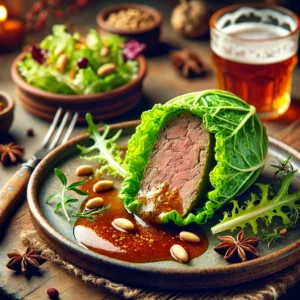 Bierpastei van haas, omhuld in groene koolbladeren, geserveerd als voorgerecht. De pastei is verfijnd gegarneerd met een saus van wildfond, bier en honing, en afgewerkt met geroosterde pijnboompitten en een frisse salade van eikenbladsla, veldsla en rucola. Een elegant en smaakvol gerecht.