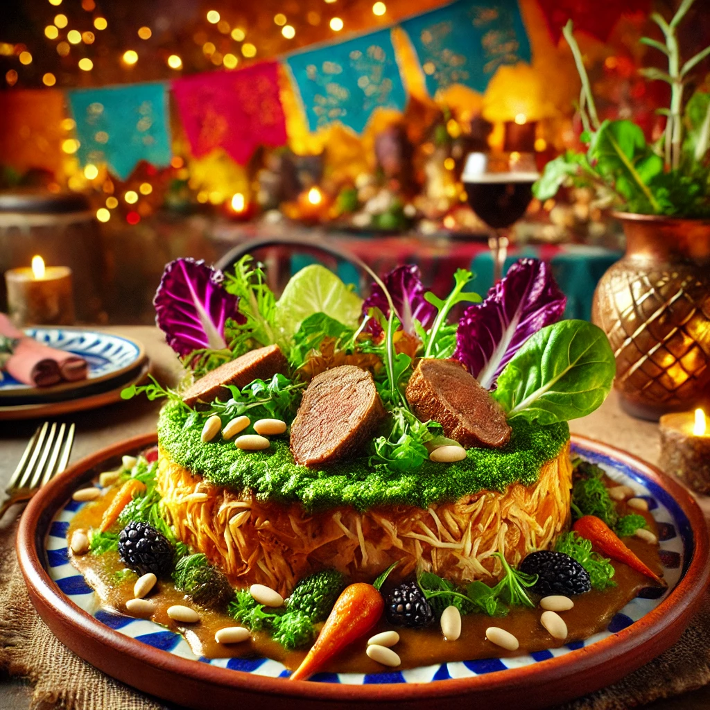 Een kleurrijke en feestelijke Mexicaanse presentatie van bierpastei van haas in groene kool, met pijnboompitten, verse salades en een rijke saus, op een houten tafel met vrolijke Mexicaanse decoraties op de achtergrond.