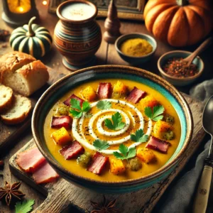 Romige Belgische biersoep, geserveerd in een rustieke keramische kom, gegarneerd met een swirl van crème fraîche, knapperige hamstukjes en fijngesneden bladselderij. Ernaast liggen warme sneetjes knapperig brood voor een complete maaltijdervaring.