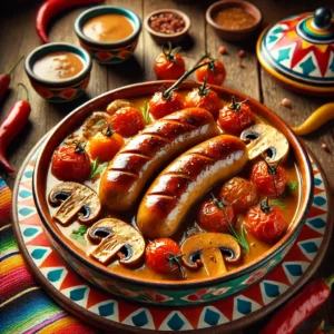 Bierworstjes geserveerd met gebakken champignons, cherrytomaatjes en een rijke bier-roomsaus. Het gerecht ligt op een kleurrijk Mexicaans keramieken bord, gegarneerd met een takje rozemarijn, en gepresenteerd in een feestelijke setting met levendige Mexicaanse decoraties.