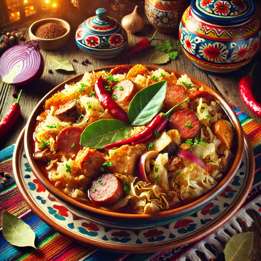 Bigosch, een traditionele Poolse jachtschotel, geserveerd in een kleurrijke Mexicaanse keramieken schaal. Het gerecht bevat een mix van witte kool, zuurkool, spek, worst, champignons en rode wijn, gegarneerd met een laurierblaadje en verse peterselie. Een fusion van traditionele smaken en een feestelijke presentatie.