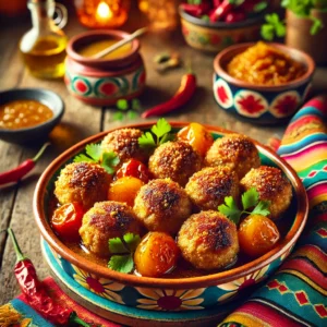 Bijzonder gevuld gehakt, goudbruin gebakken gehaktballen gevuld met een zoete tutti frutti- en honingvulling, licht gepaneerd en gepresenteerd op een kleurrijke schaal. Een smaakvolle combinatie van hartig en zoet.
