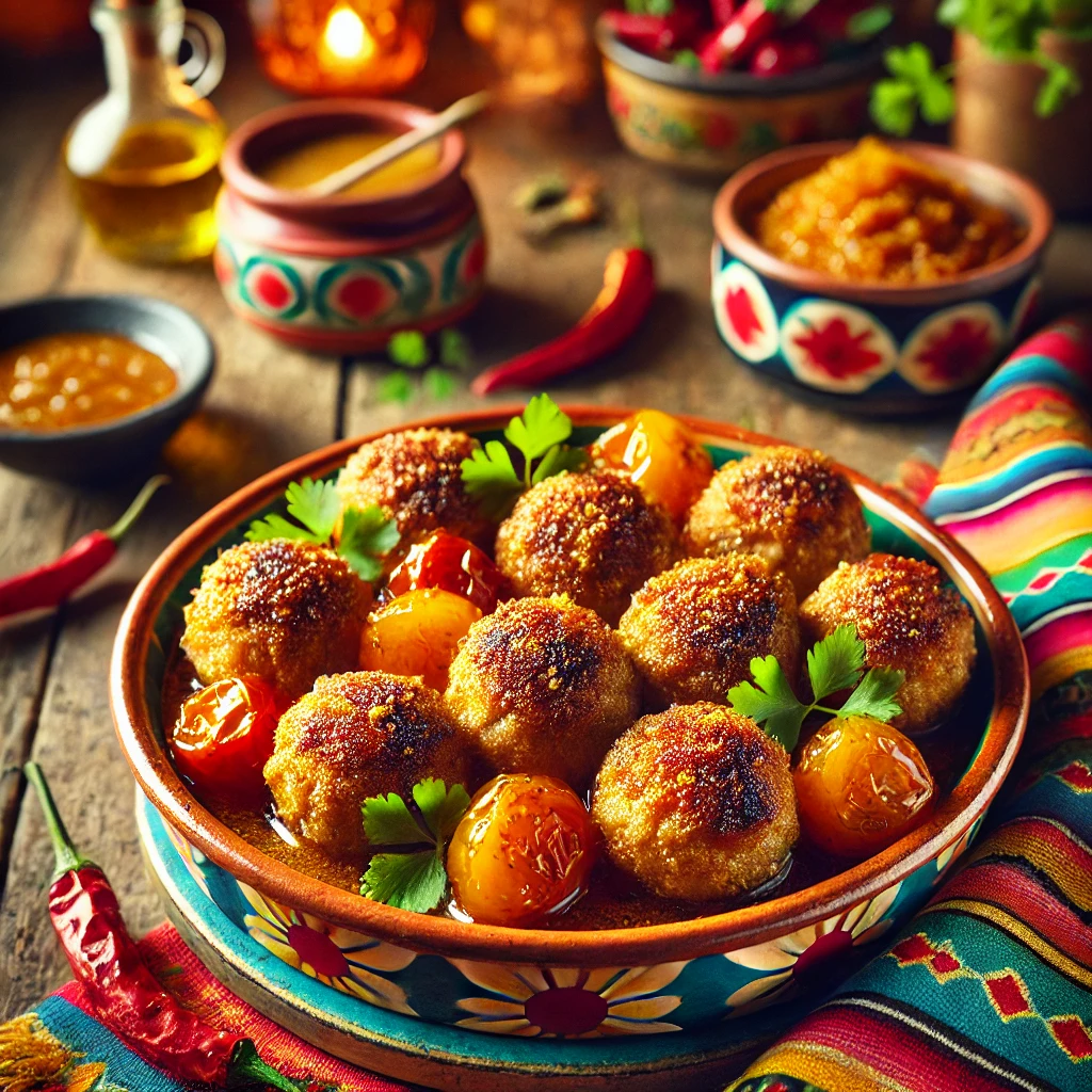 Bijzonder gevuld gehakt, goudbruin gebakken gehaktballen gevuld met een zoete tutti frutti- en honingvulling, licht gepaneerd en gepresenteerd op een kleurrijke schaal. Een smaakvolle combinatie van hartig en zoet.