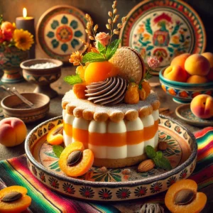 Biscuit Dacquoise et Bavarois aux Abricots, een verfijnd dessert met lagen amandelbiscuit, romige abrikozenbavarois en luchtige chocoladeganache, gegarneerd met een knapperig amandelkoekje, munt, en poedersuiker. Een elegante presentatie op een kleurrijke schaal.